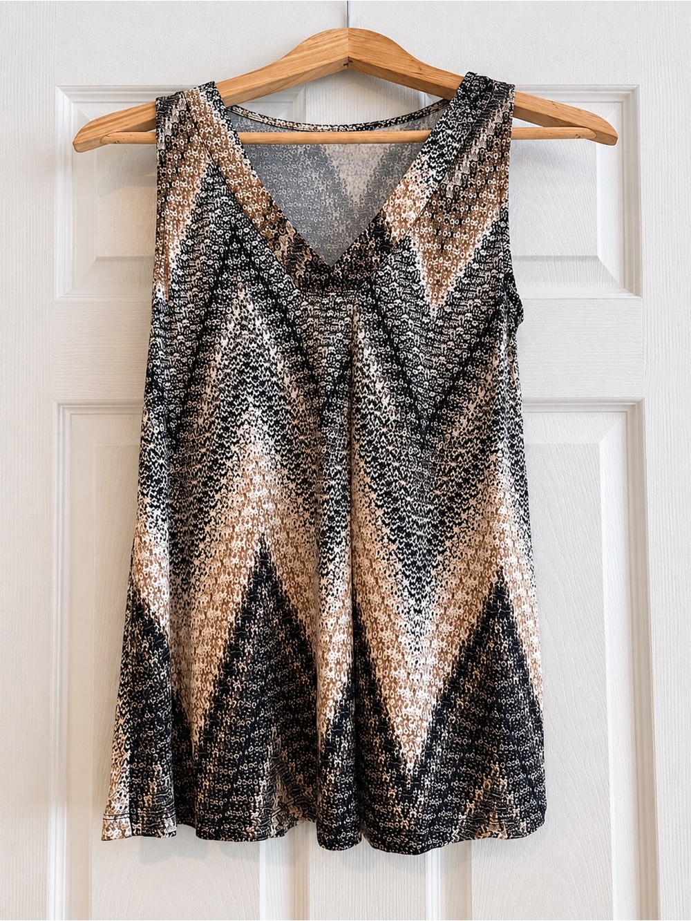 Lascana Sleeveless V Neck Tunic Top Women’s US 0/2 Brown Black Chevron